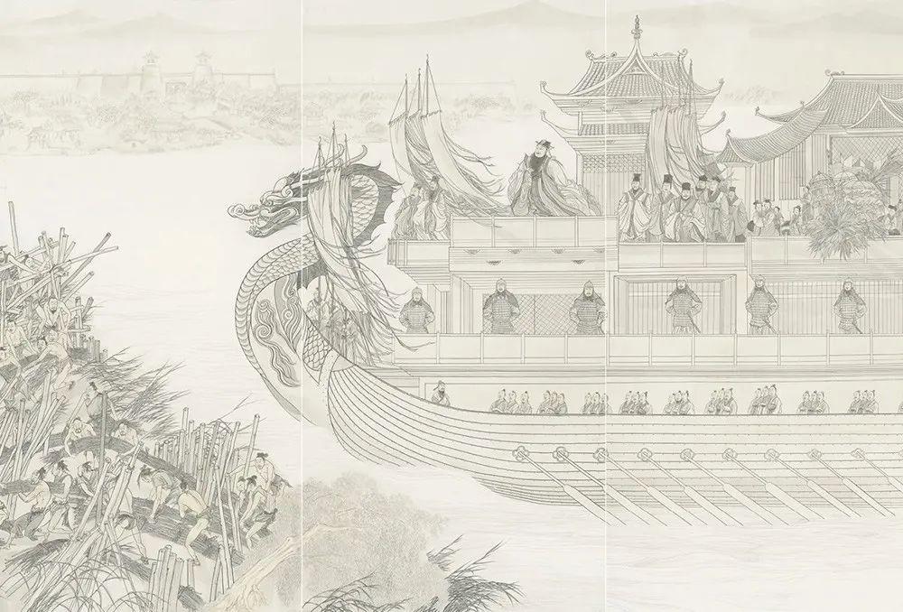 这幅画的上卷以历史人物画为主,一笔一划,藏着大运河前世的秘密.