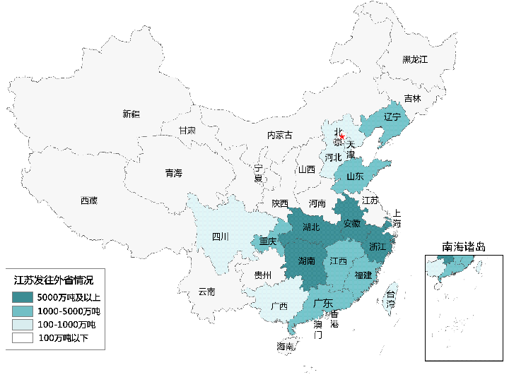 图1：2021年1-11月江苏发往各省市水路货运量分布情况